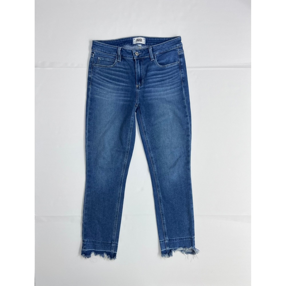 Paige Skyline Skinny Crop Jeans Size 28 Medium Wash Blue Raw Hem Denim